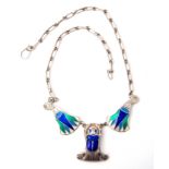 Vintage Egyptian revival white metal and enamel scarab necklace, the triangular enamel scarab