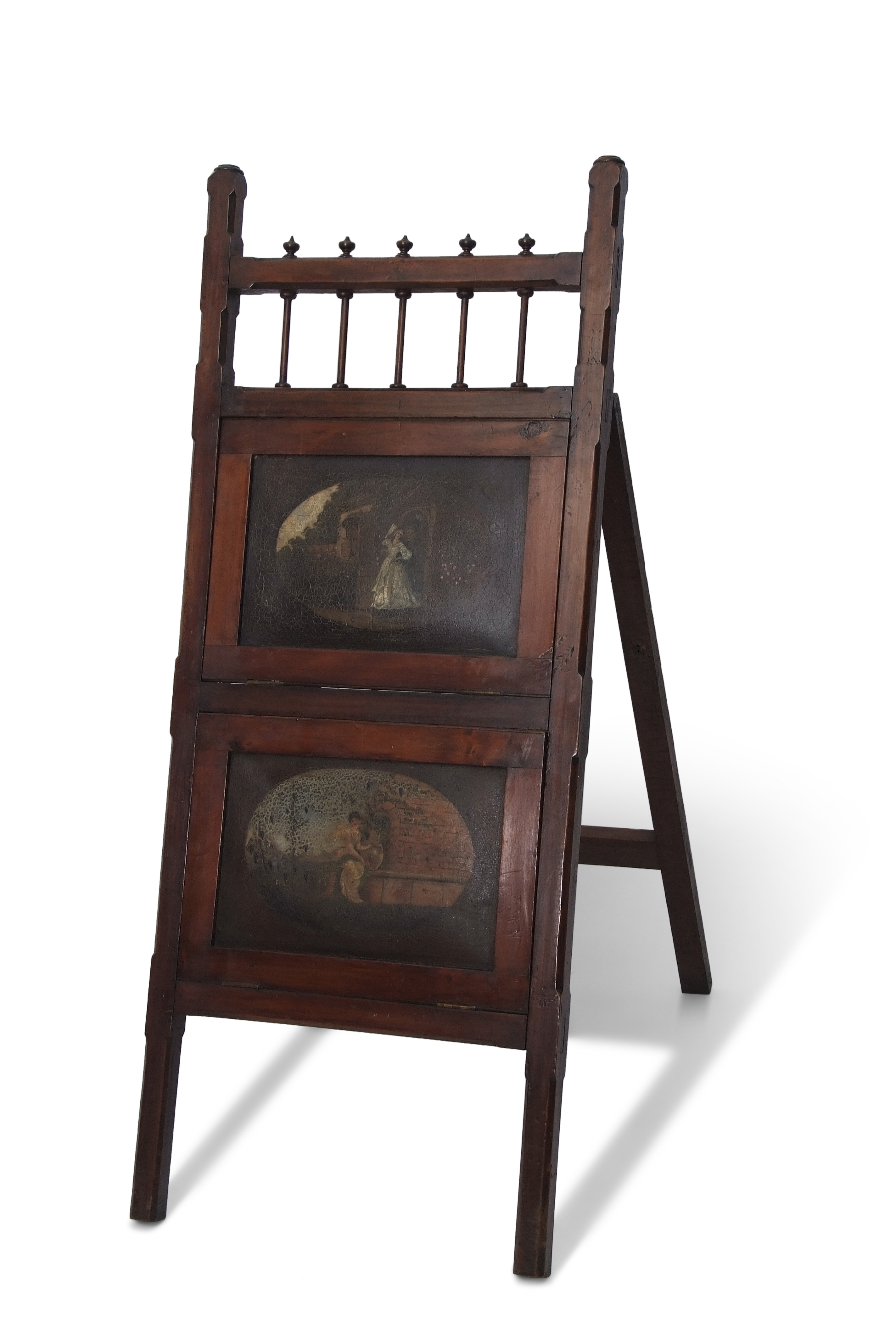 Victorian mahogany framed easel back music stand with painted oval panels of a maiden and a knight