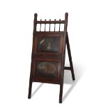Victorian mahogany framed easel back music stand with painted oval panels of a maiden and a knight