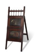 Victorian mahogany framed easel back music stand with painted oval panels of a maiden and a knight