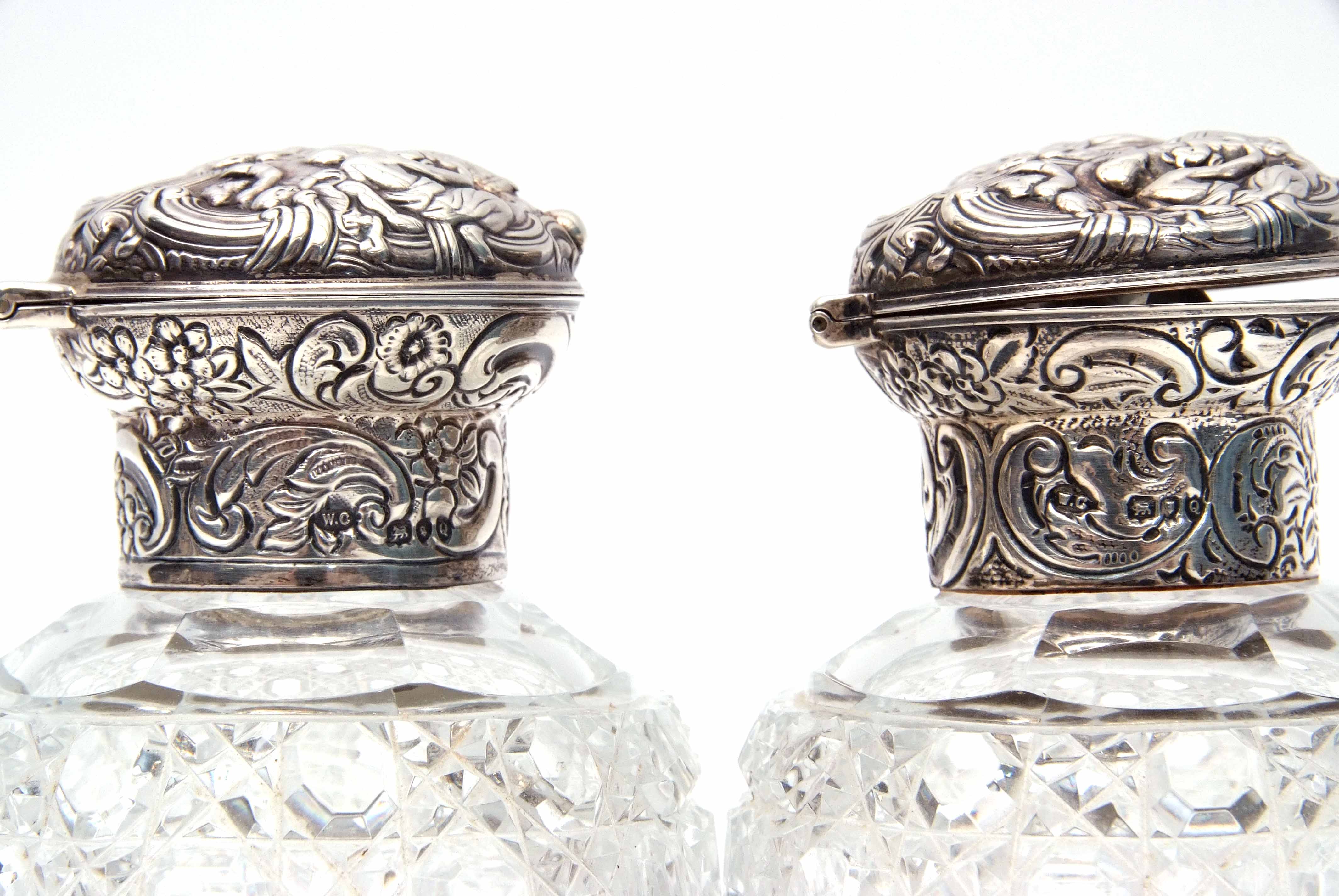 Pair of late Victorian hobnail cut oval glass scent bottles, the hinged lids and collars heavily - Image 5 of 5