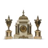 Last quarter of 19th century alabaster clock garniture, the central clock of temple form with ormolu
