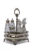 William IV cruet stand and 7 bottles, seven glass bottles, three with matching hallmark tops, four