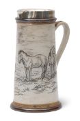 Doulton Lambeth lemonade jug with silver mounts, modelled by Hannah Barlow with an incised panel