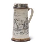 Doulton Lambeth lemonade jug with silver mounts, modelled by Hannah Barlow with an incised panel