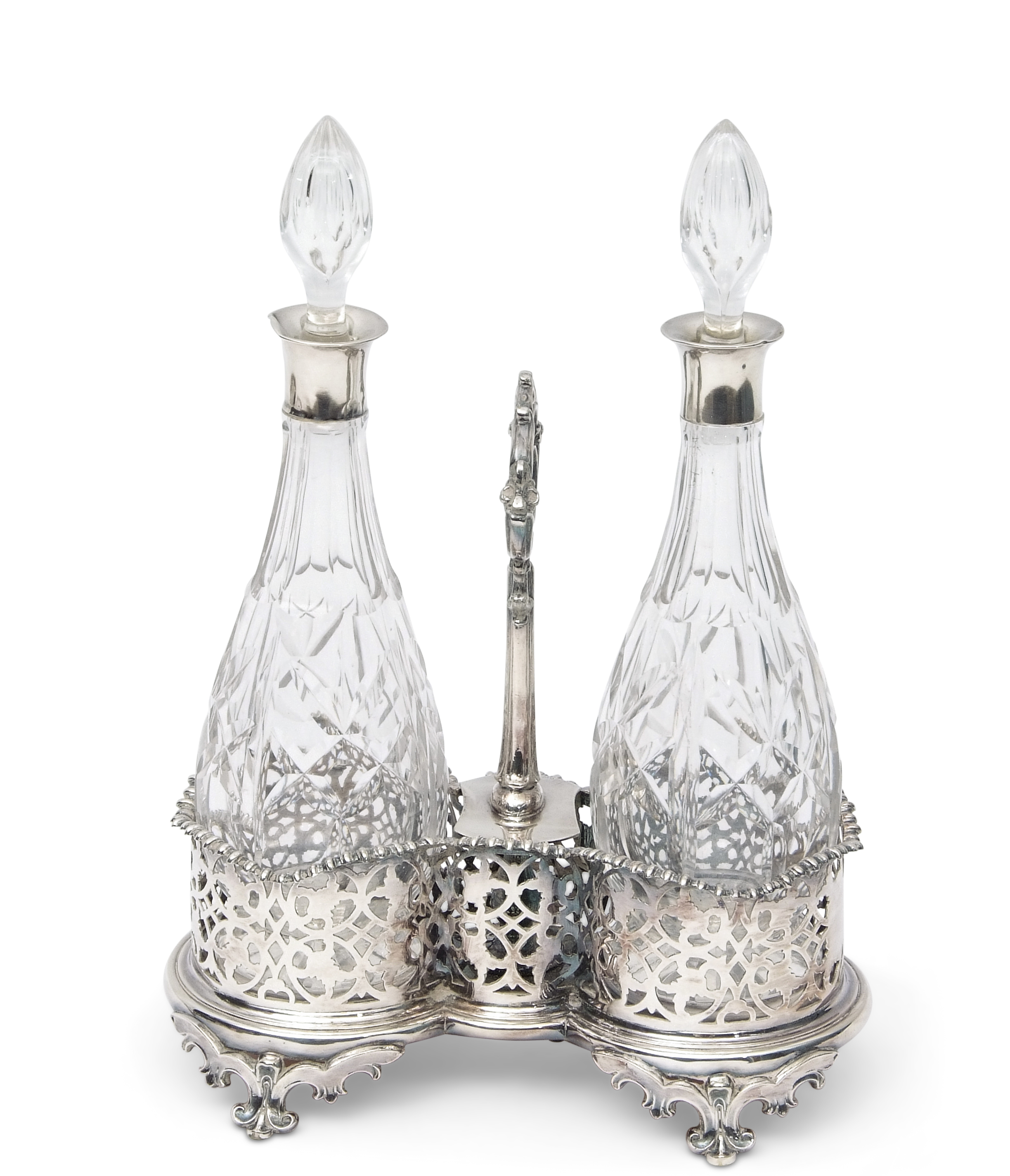 Victorian silver plated double bottle stand of waisted oval form, the raised holders pierced with