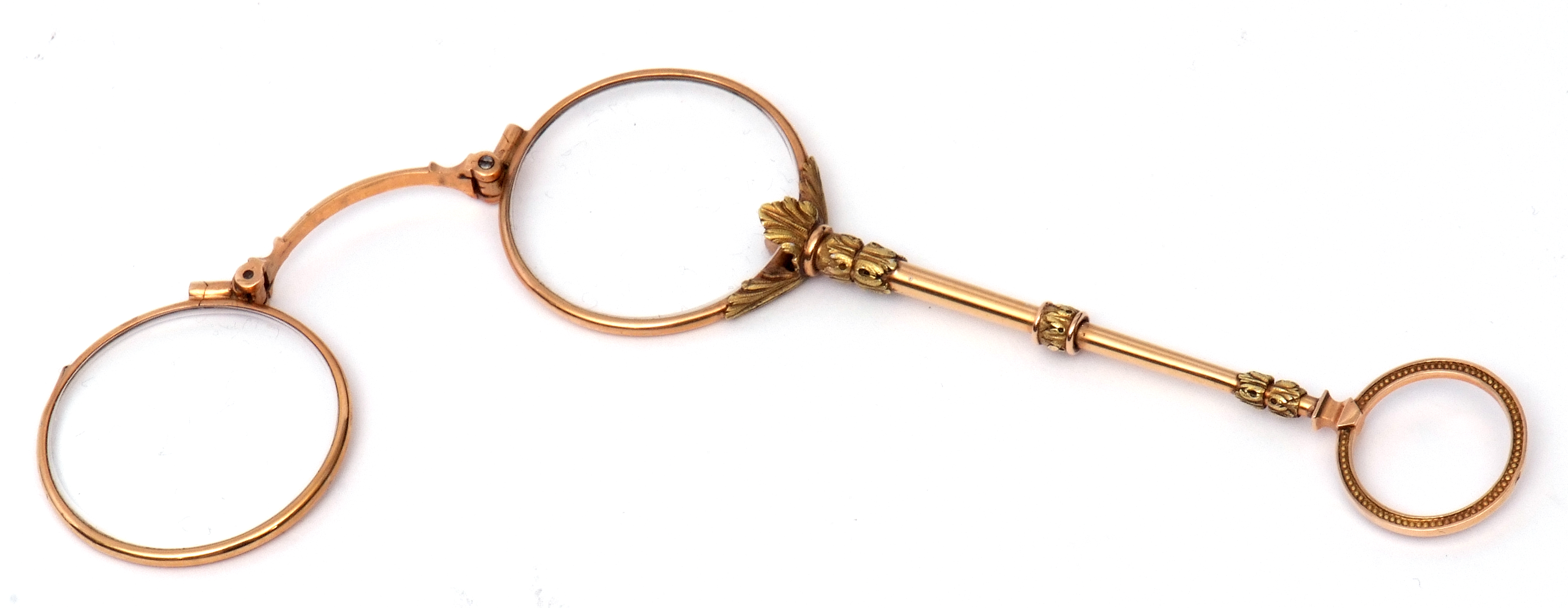 Pair of late 19th century French gold lorgnettes, the frames and ring turned handle marked with - Image 3 of 4