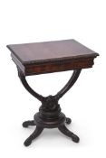 Regency mahogany work table with lift up lid, stamped Peters Maker Genoa, supported on a wishbone