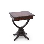 Regency mahogany work table with lift up lid, stamped Peters Maker Genoa, supported on a wishbone