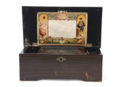 Small late 19th century Swiss music box with lithographic detail to an ebonised and simulated wooden