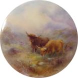 Royal Worcester plaque, the centre decorated with Highland cattle by H Stinton, in gilt