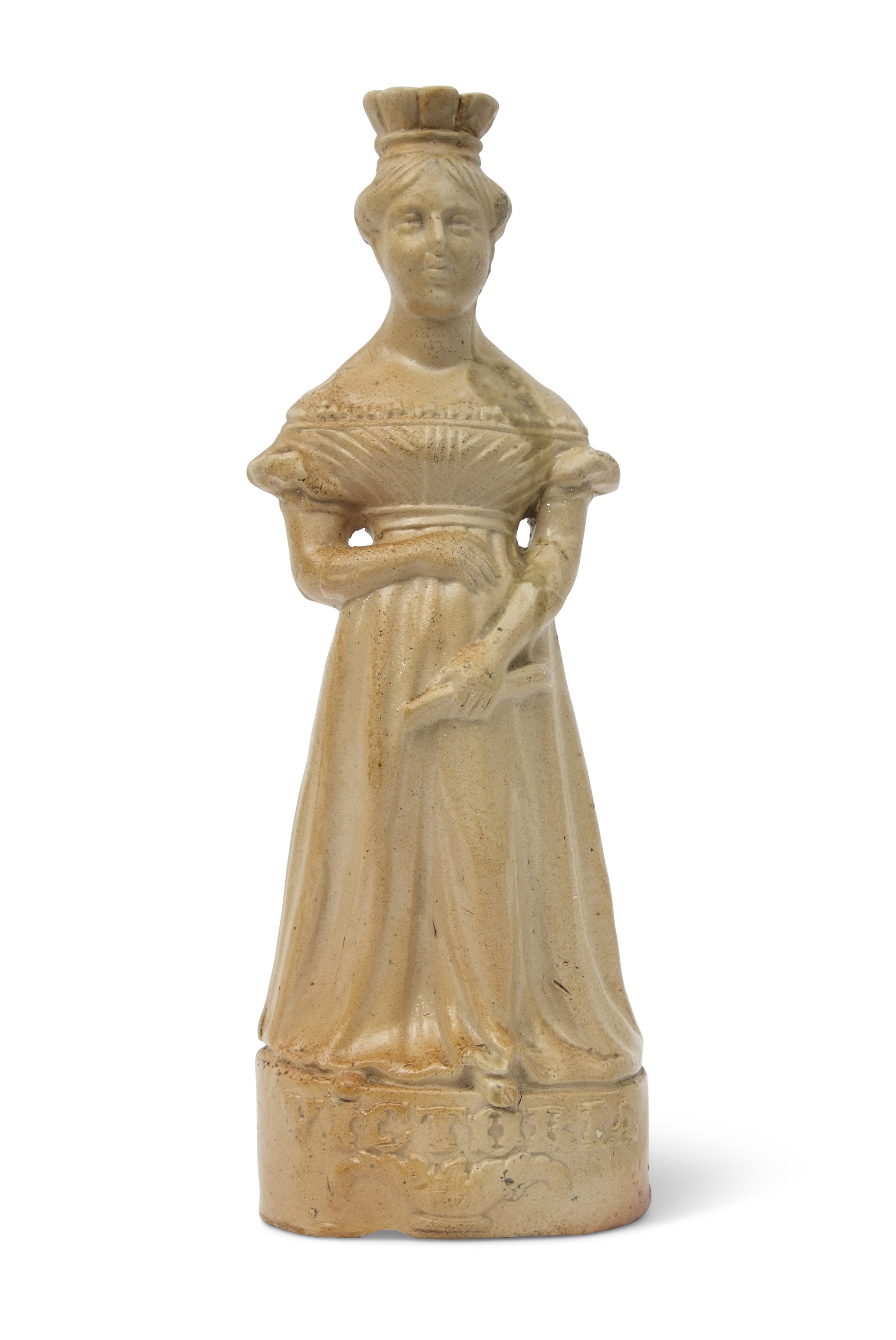 19th century salt glaze candlestick modelled as Queen Victoria, the base impressed "published by S