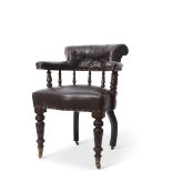 Late 19th century mahogany framed desk tub chair, upholstered in brown leather button back raised on