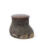Early 20th century elephant's foot decanter box, oak lined, the domed lid with hallmarked silver