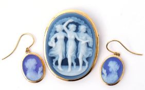 Mixed Lot: Modern blue agate cameo brooch/pendant depicting The Three Graces, framed in a yellow