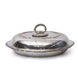 George V entree dish and lid of shaped oval design with gadrooned edges, detachable handle,