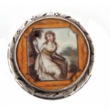 Early 19th century small Georgian silver patch box and lid of circular form, the lid reverse painted