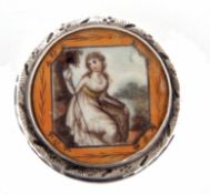 Early 19th century small Georgian silver patch box and lid of circular form, the lid reverse painted