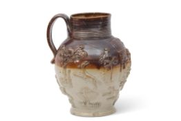 Early 19th century Mortlake Kishere saltglaze jug modelled in relief with various hunting