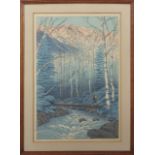 Kawase Hasui (1883-1957) "Takegawa River at dawn" coloured woodblock, 36 x 24cm