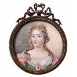 English School oil miniature, head and shoulders portrait of a lady in Queen Anne period dress and