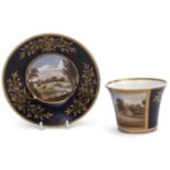 Chamberlain Worcester cabinet cup and saucer, the blue gilt ground with a painted view of Cranford