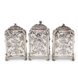 Fine set of three early George III tea caddies of bombe sided rectangular and square form, each