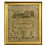 E Jane Holmden (1814) silk work sampler featuring a country house to top above a religious verse