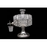 Unusual George V cut glass sherry or spirit decanter of barrel form with removable stopper, plated