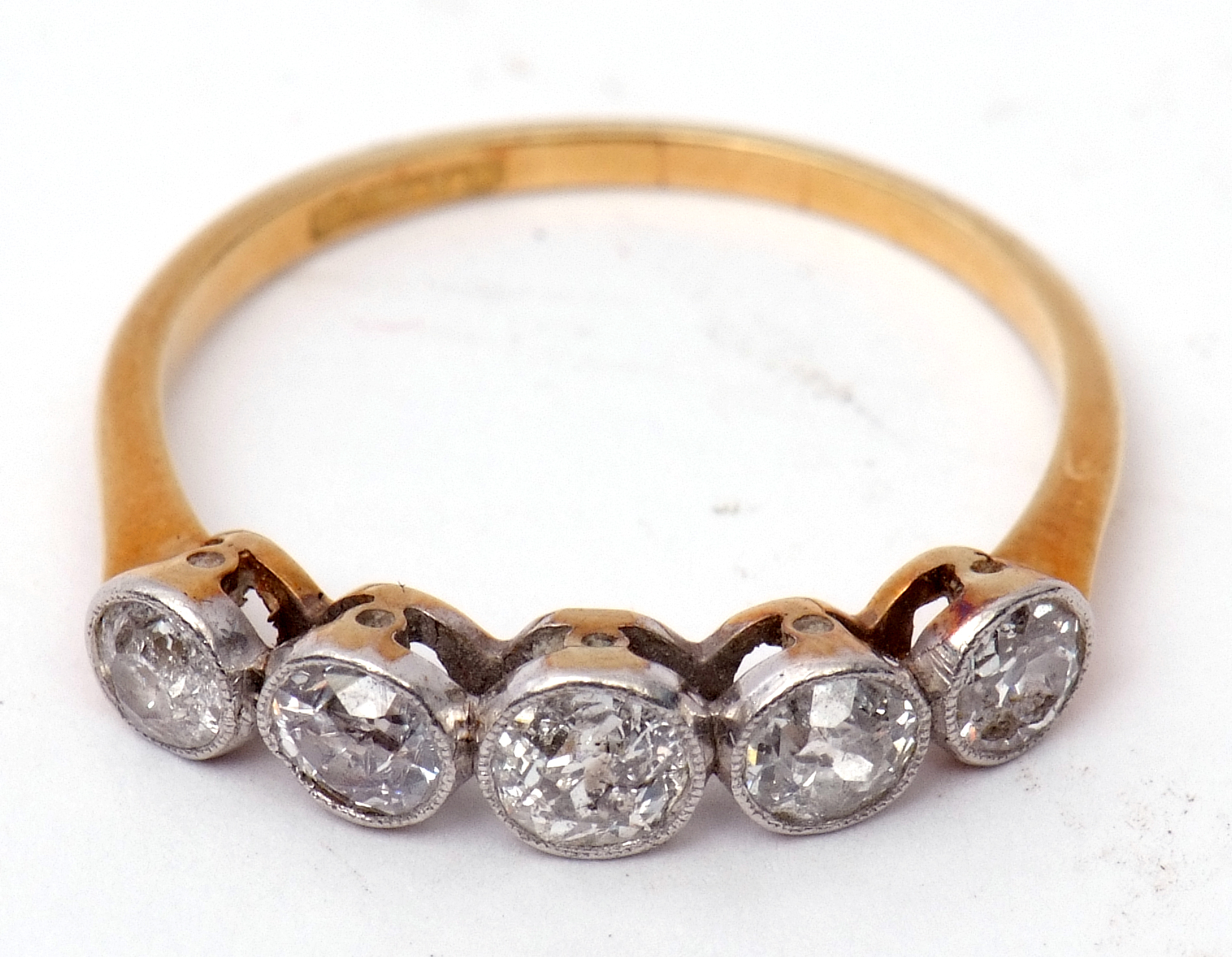 Five stone diamond ring featuring five old cut diamonds, each in millegrain settings and raised in a - Image 2 of 7