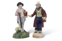 Early 19th century Staffordshire figure of a gardener raised on green floral base, together with a