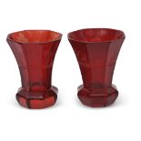 Pair of Bohemian ruby red vases of octagonal shape, the vases engraved with various hunting subjects