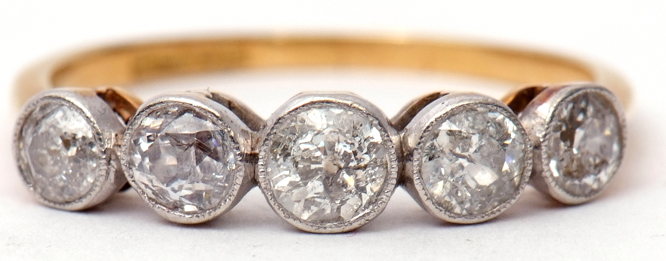 Five stone diamond ring featuring five old cut diamonds, each in millegrain settings and raised in a - Image 7 of 7