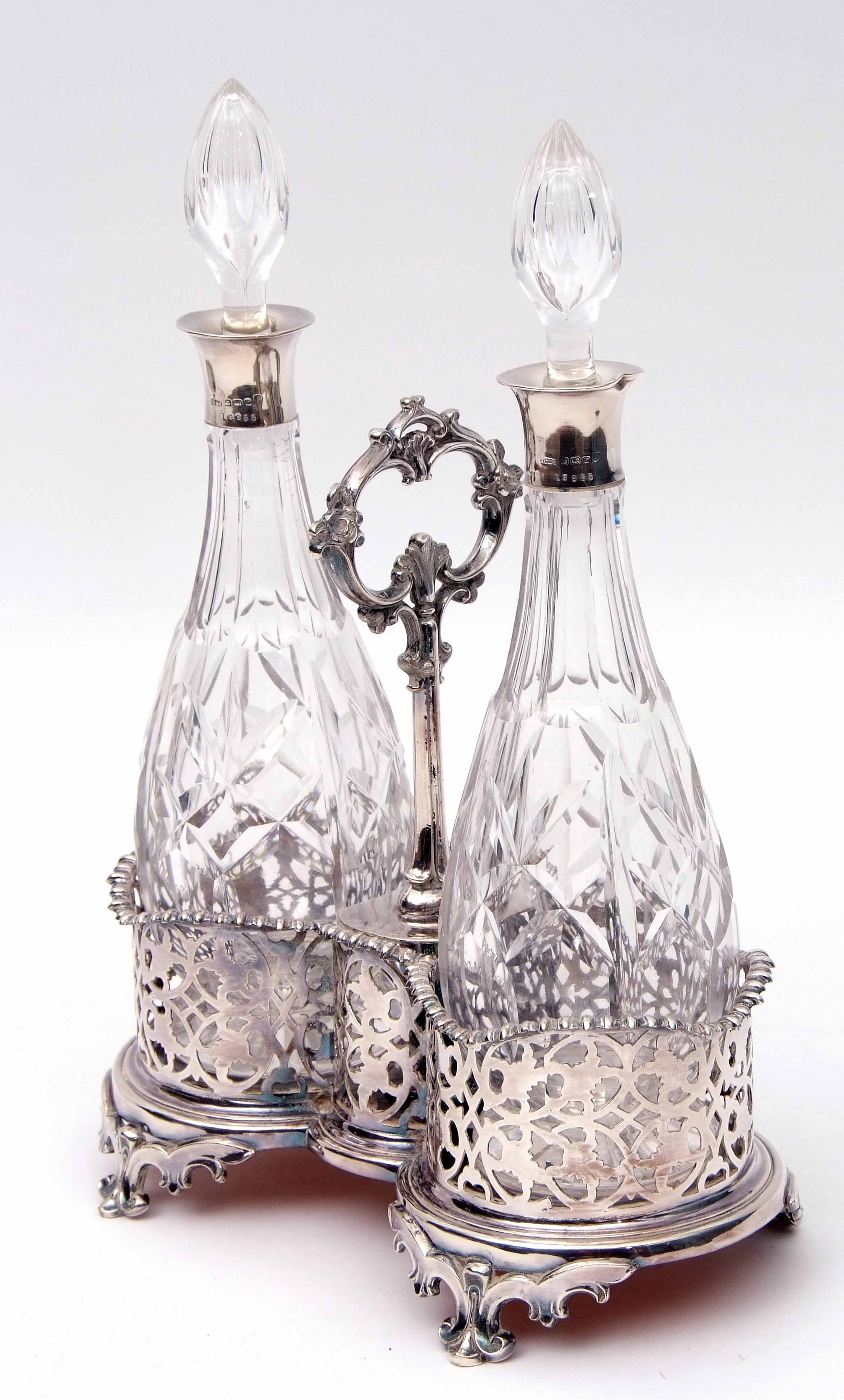 Victorian silver plated double bottle stand of waisted oval form, the raised holders pierced with - Image 3 of 5