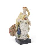 Early 19th century pearlware figure of Juno on square black base with a peacock by her side,