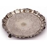 George II waiter of shaped circular design with wavy and shell edge, later foliate engraved centre