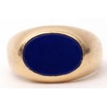 14K stamped gent's signet ring, featuring an oval shaped lapis lazuli panel, size Q, gross weight
