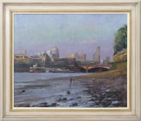 AR Bob Brown, NEAC, (contemporary) "Mudlarks, low tide, Thames Beach" oil on canvas, signed lower