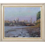 AR Bob Brown, NEAC, (contemporary) "Mudlarks, low tide, Thames Beach" oil on canvas, signed lower