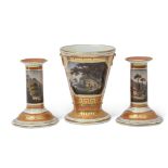 Late 18th century Worcester (Barr) jardiniere and two matching candlesticks, the Barr orange