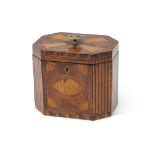 Late 18th/early 19th century marquetry inlaid mahogany caddy box of canted rectangular form with