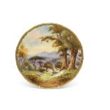 Royal Worcester cabinet plate finely painted with a pastoral scene of sheep in a mountainous