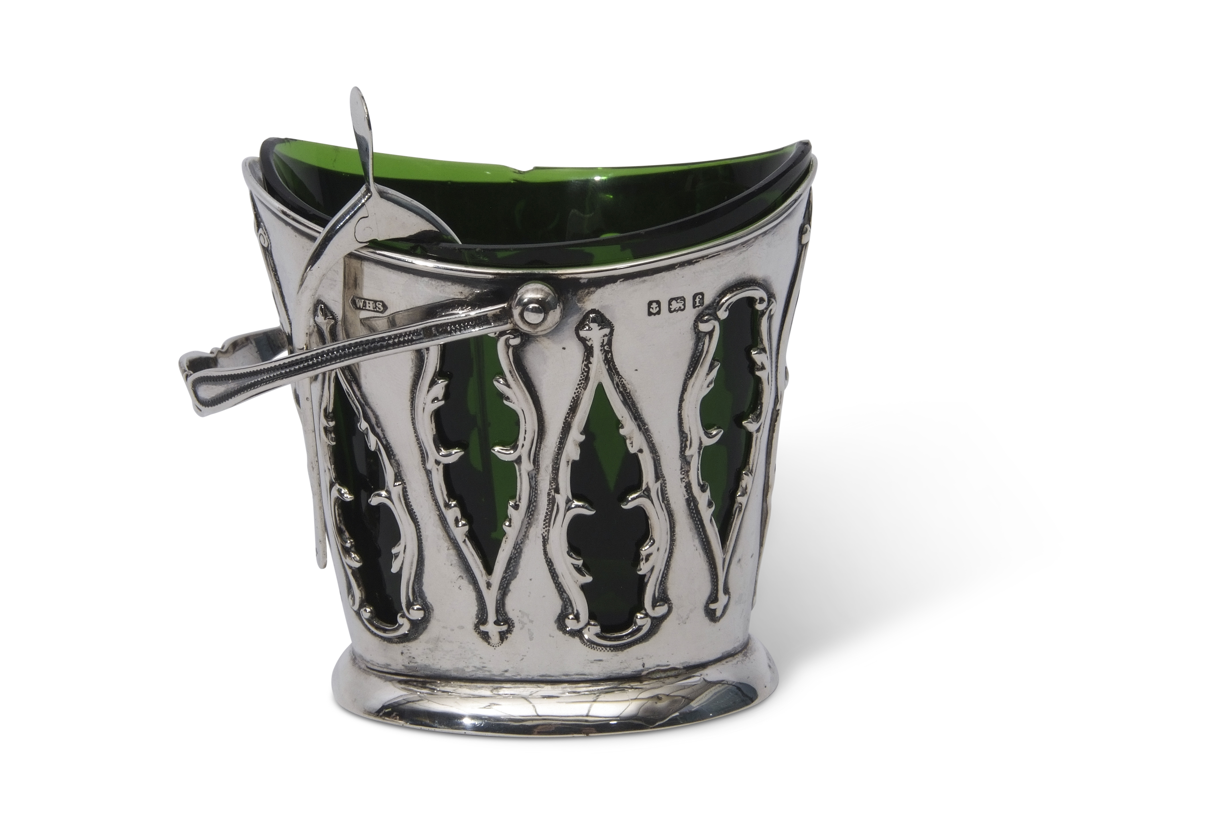 Edward VII sugar pail with cartouche cut outs to the body, plain oval foot, beaded swing handle,