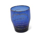 Absolon blue glass rummer, barrel shaped, gilded with initials and "...from Yarmouth", the reverse