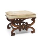 Mid-19th century walnut framed foot stool with double C scrolled ends and ring turned joiners, and