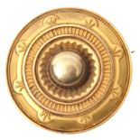 19th century gold circular Etruscan decorated target brooch, circa 1880, 3cm diam, glazed panel