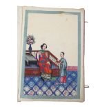 19th century folder containing six Chinese watercolours on rice paper, depicting family scenes of