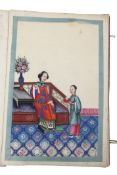 19th century folder containing six Chinese watercolours on rice paper, depicting family scenes of