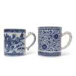 Two 18th century Chinese porcelain tankards, the larger with Ming style scrolling design, together