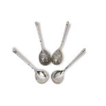 Set of four Russian silver enamelled egg spoons, S Stroganov, (assayer and some makers unclear or
